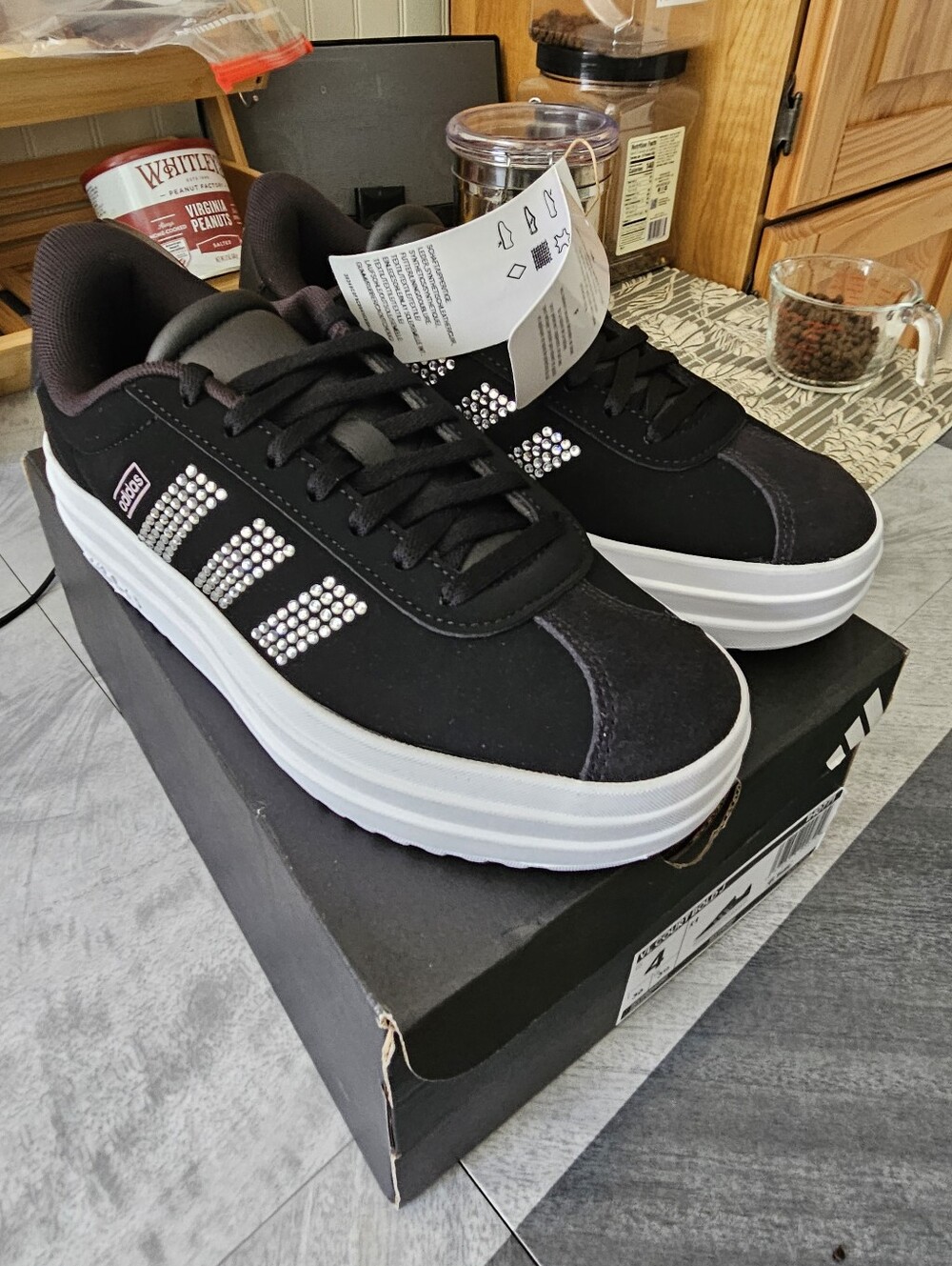 adidas Black Platform Sneakers with Crystal Three-Stripes Unisex Shoes Size 4 - Picture 3 of 7